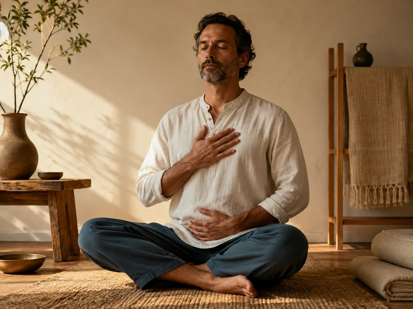 Homem em postura de respiração consciente, uma mão sobre o peito, ambiente sóbrio com tecidos naturais e luz quente