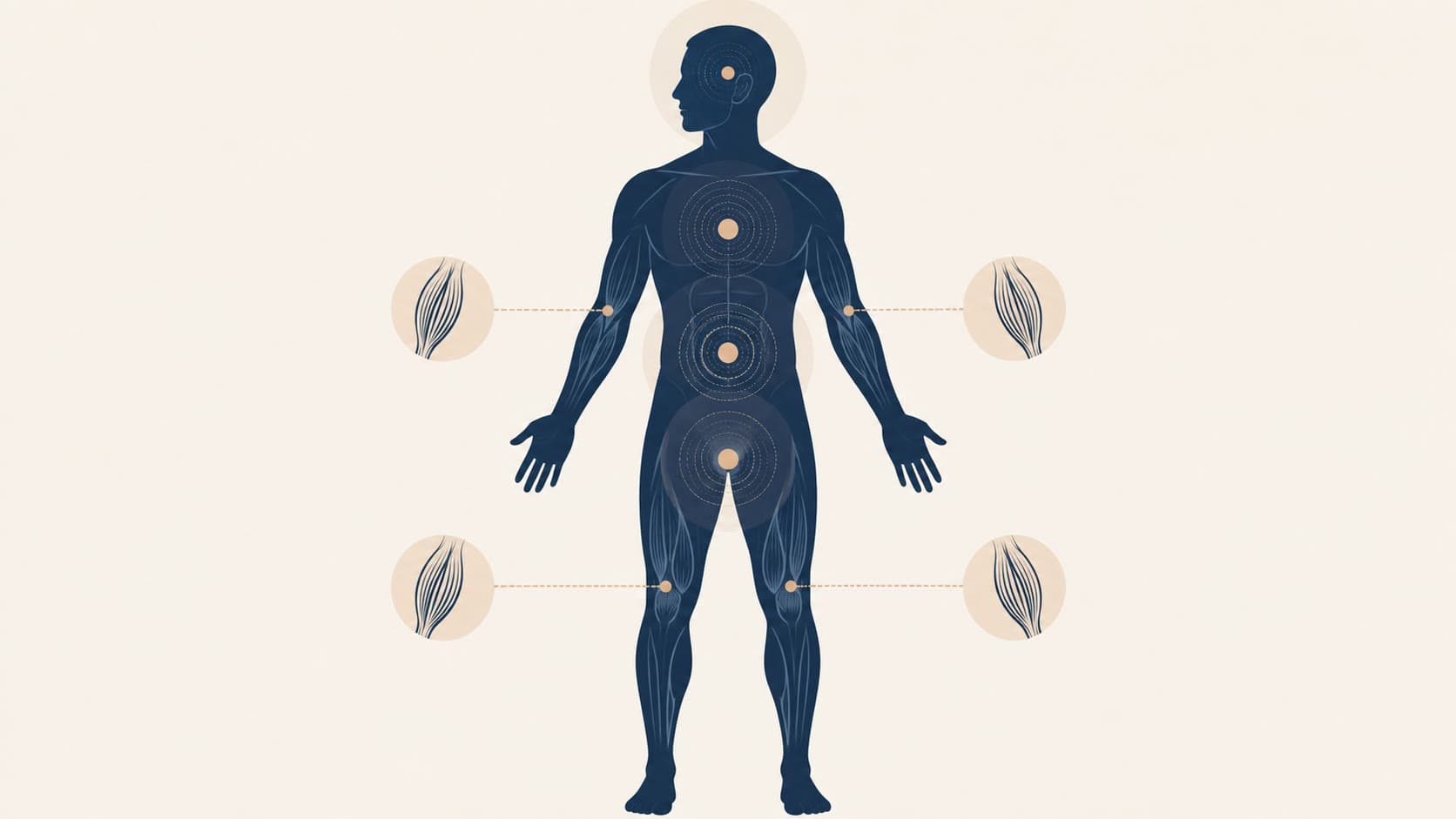 Silhueta humana com pontos sutis destacando respiração, abdômen, atenção, pelve e tensão muscular